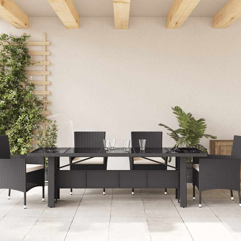 fekete polyrattan üveglapos kerti asztal 240 x 90 x 75 cm