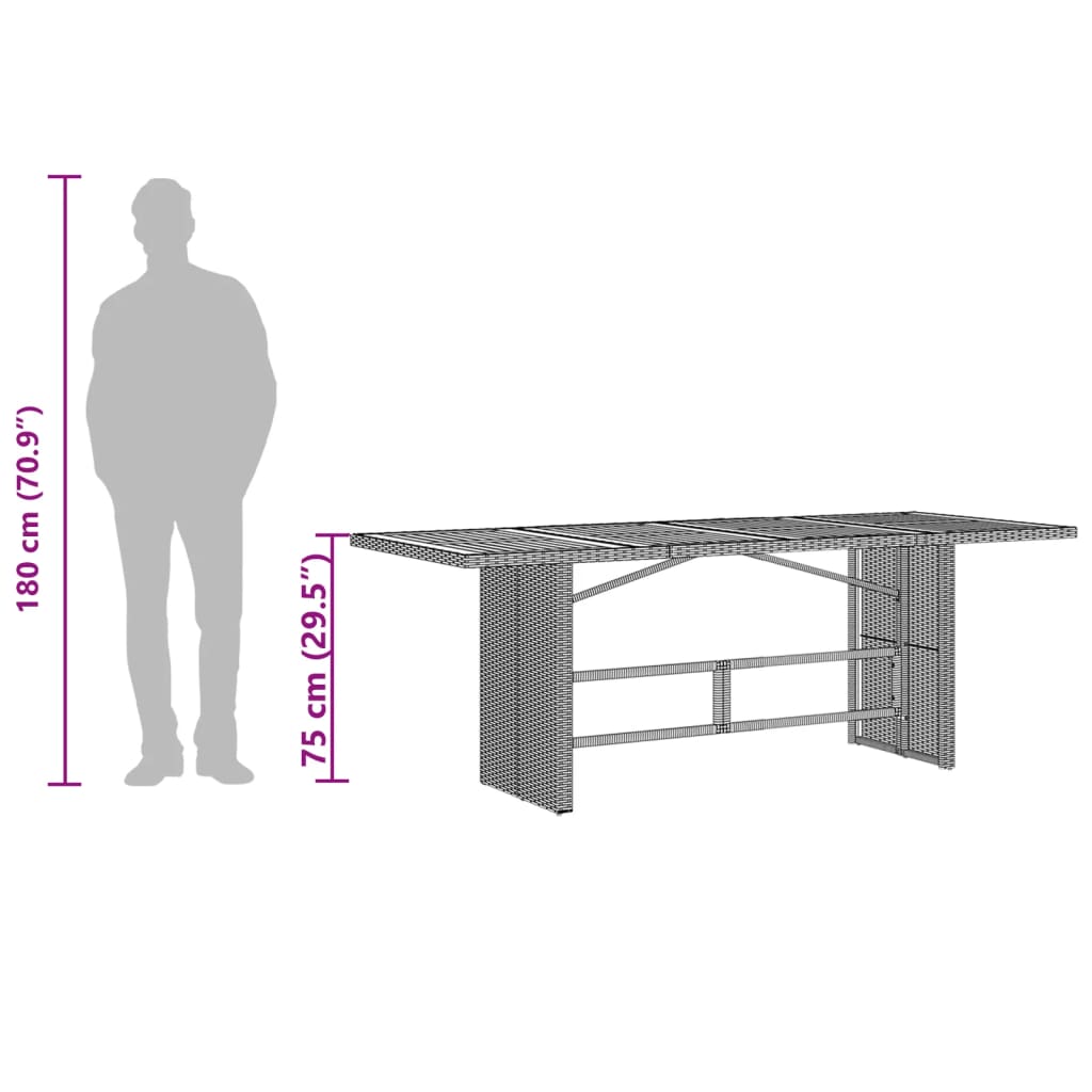 szürke polyrattan üveglapos kerti asztal 190 x 80 x 75 cm