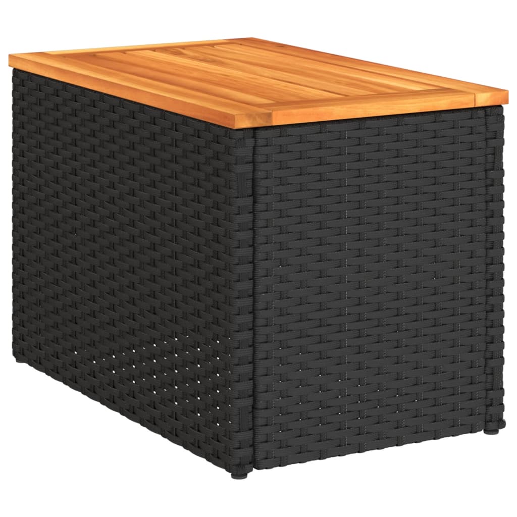 2 db fekete polyrattan és tömör fa kerti kisasztal 55x34x37 cm