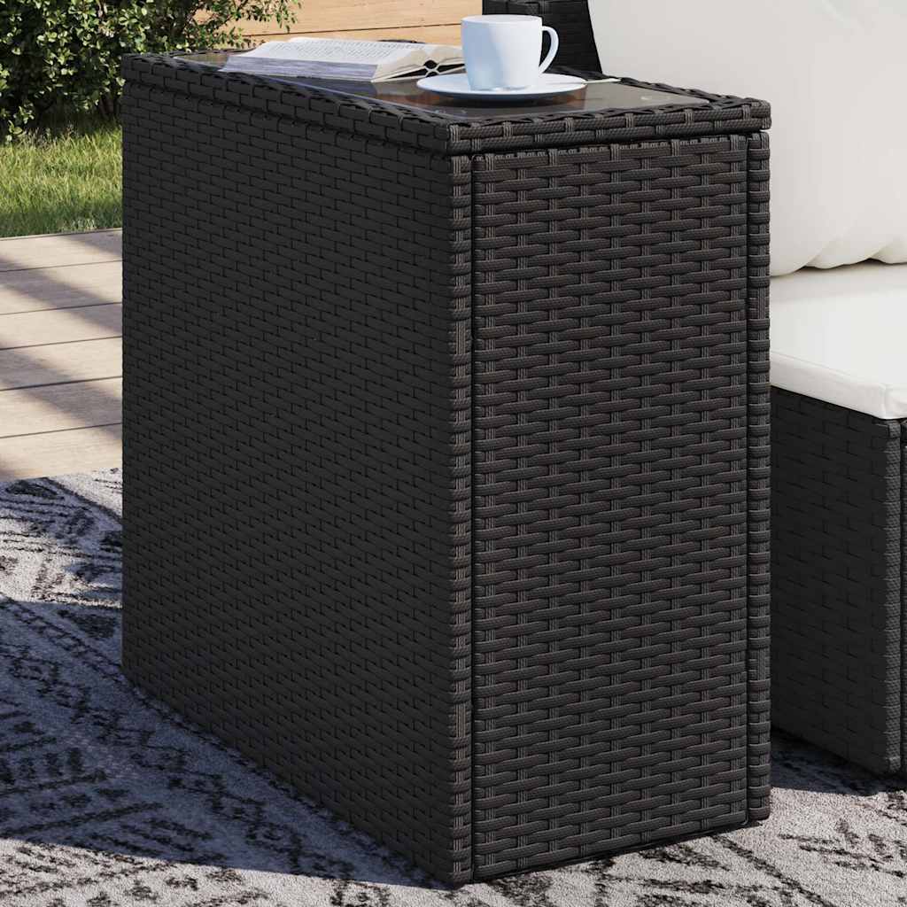 fekete polyrattan üveglapos kerti kisasztal 58 x 27,5 x 55 cm