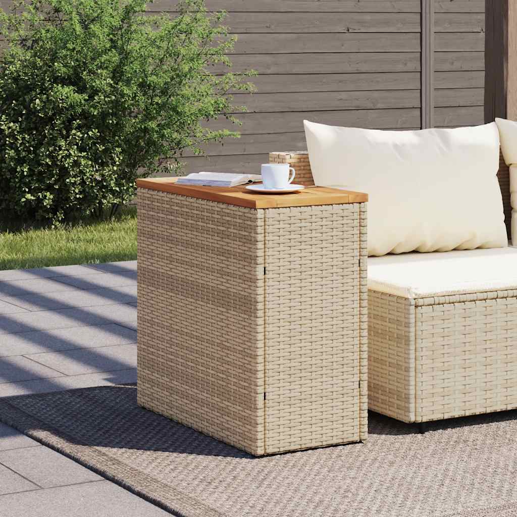 bézs polyrattan kerti kisasztal fa asztallappal 58x27,5x55 cm