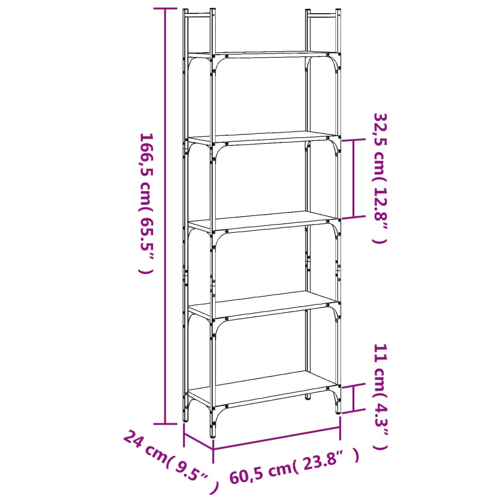 5 szintes szürke sonoma szerelt fa könyvespolc 60,5x24x166,5 cm