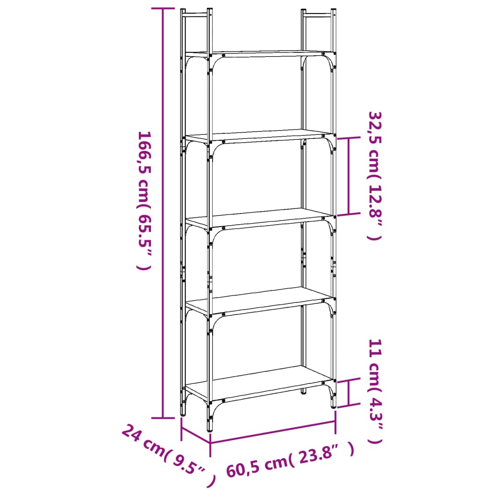 5-szintes barna tölgy szerelt fa könyvespolc 60,5x24x166,5 cm
