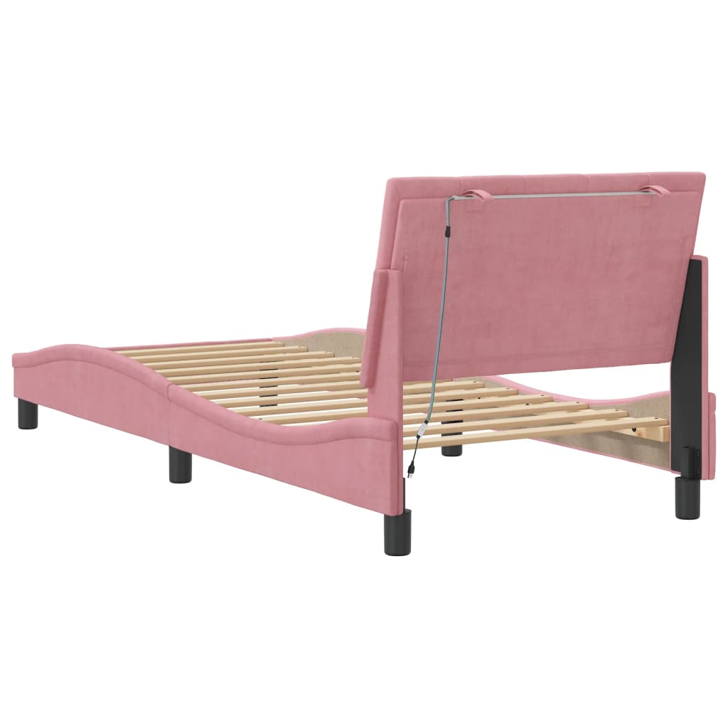 rózsaszín bársony ágykeret LED-ekkel matrac nélkül Hanko 90 x 190 cm