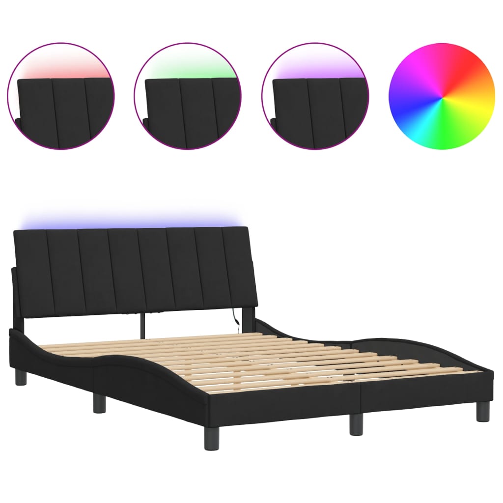 fekete bársony ágykeret LED-ekkel matrac nélkül Hanko 140 x 190 cm