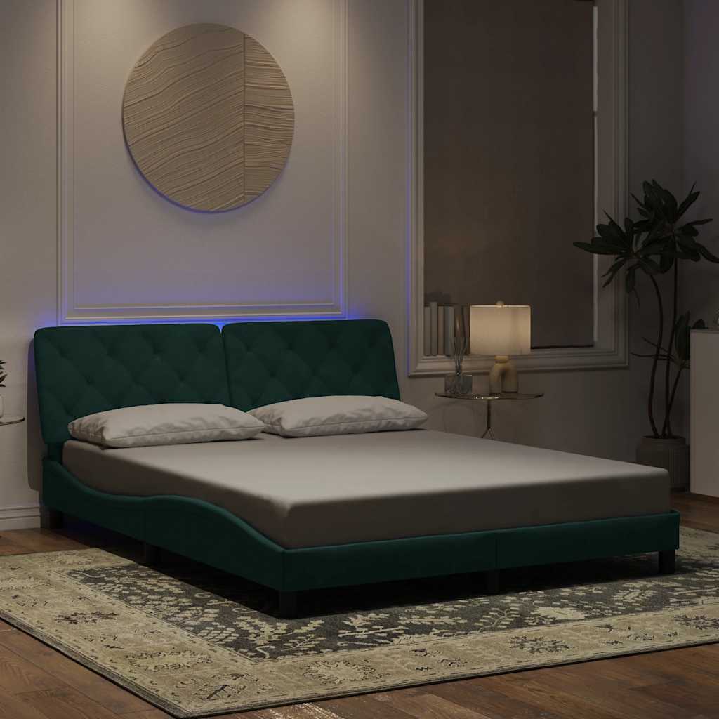 sötétzöld bársony ágykeret LED-ekkel matrac nélkül 160 x 200 cm