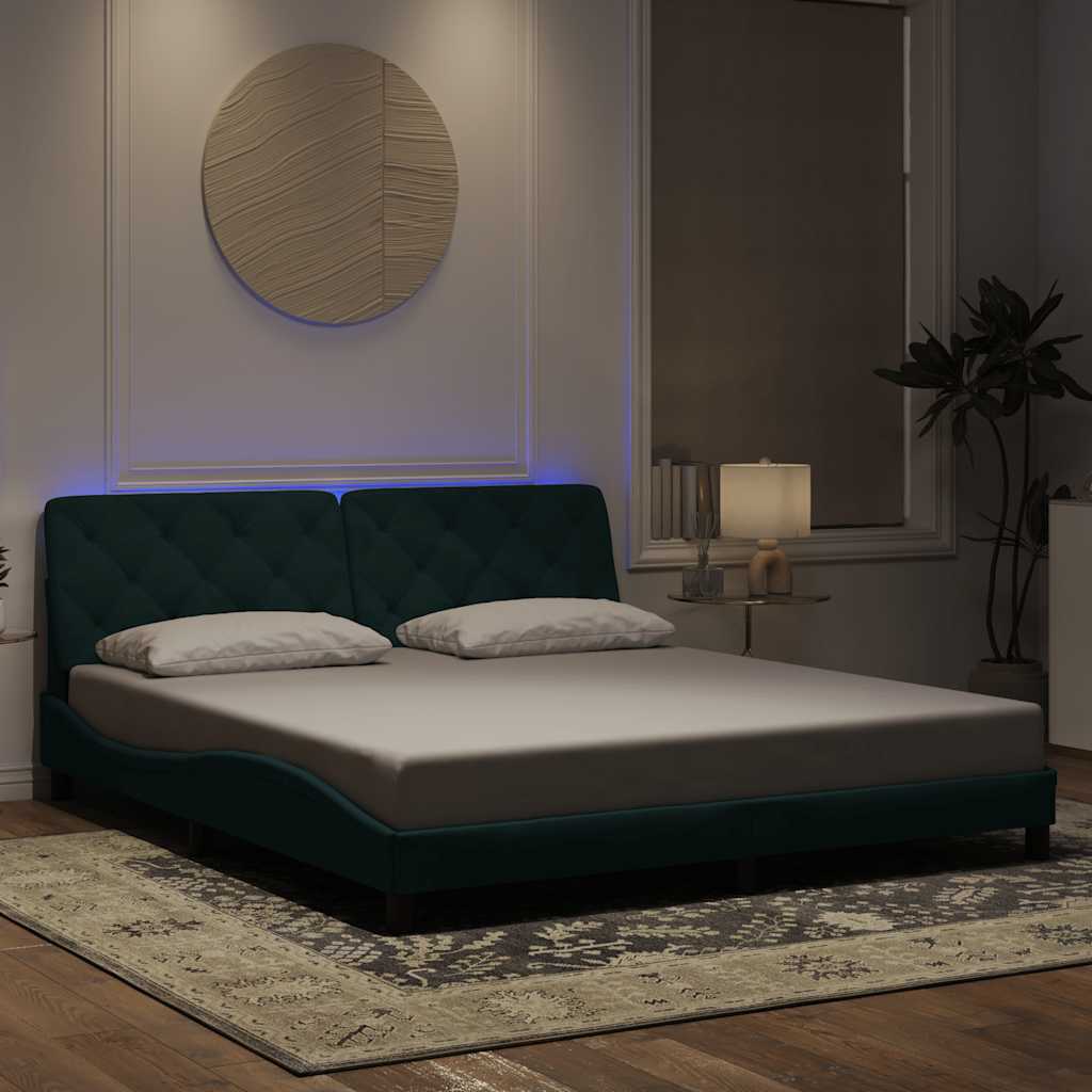 sötétzöld bársony ágykeret LED-ekkel matrac nélkül 180 x 200 cm