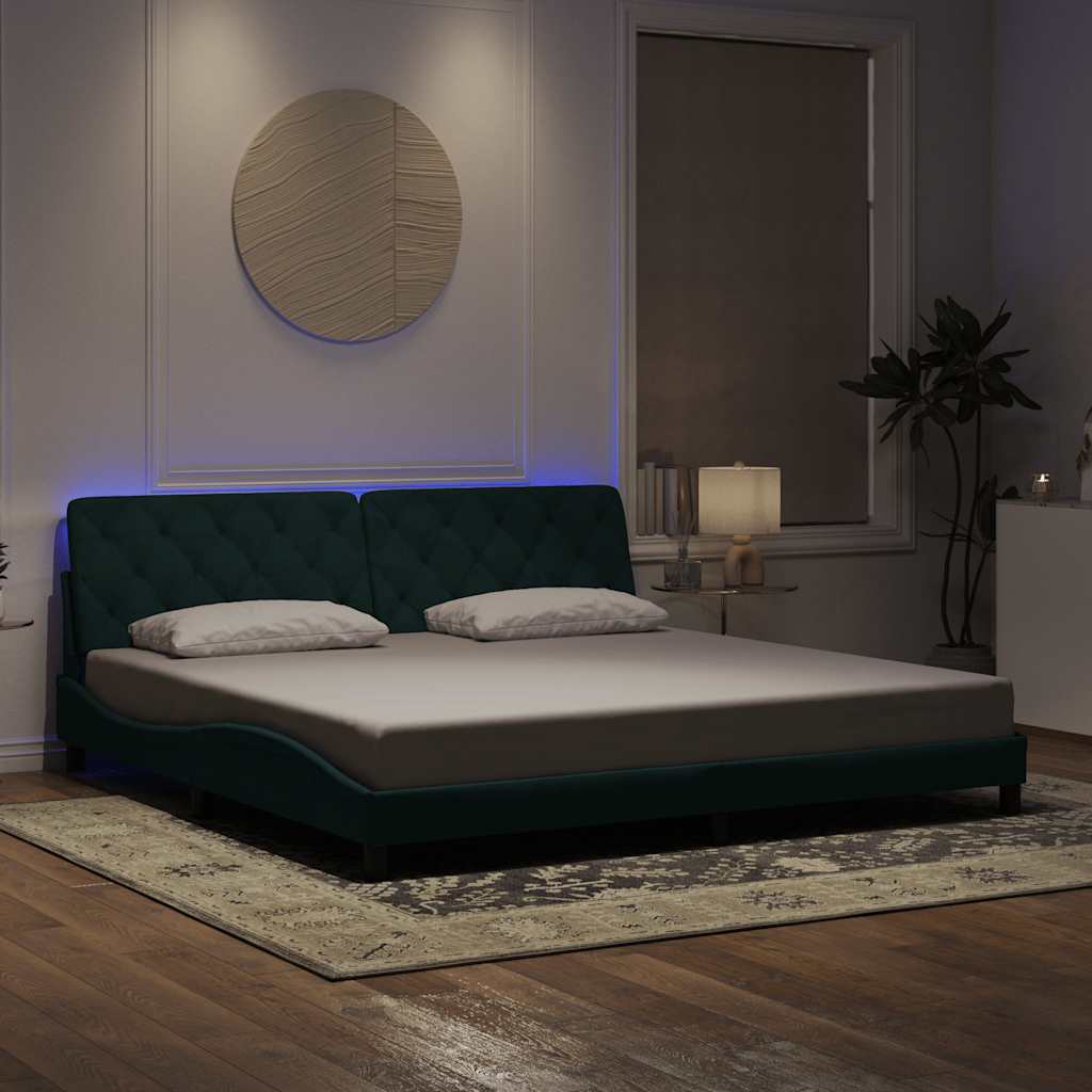 sötétzöld bársony ágykeret LED-ekkel matrac nélkül 200 x 200 cm