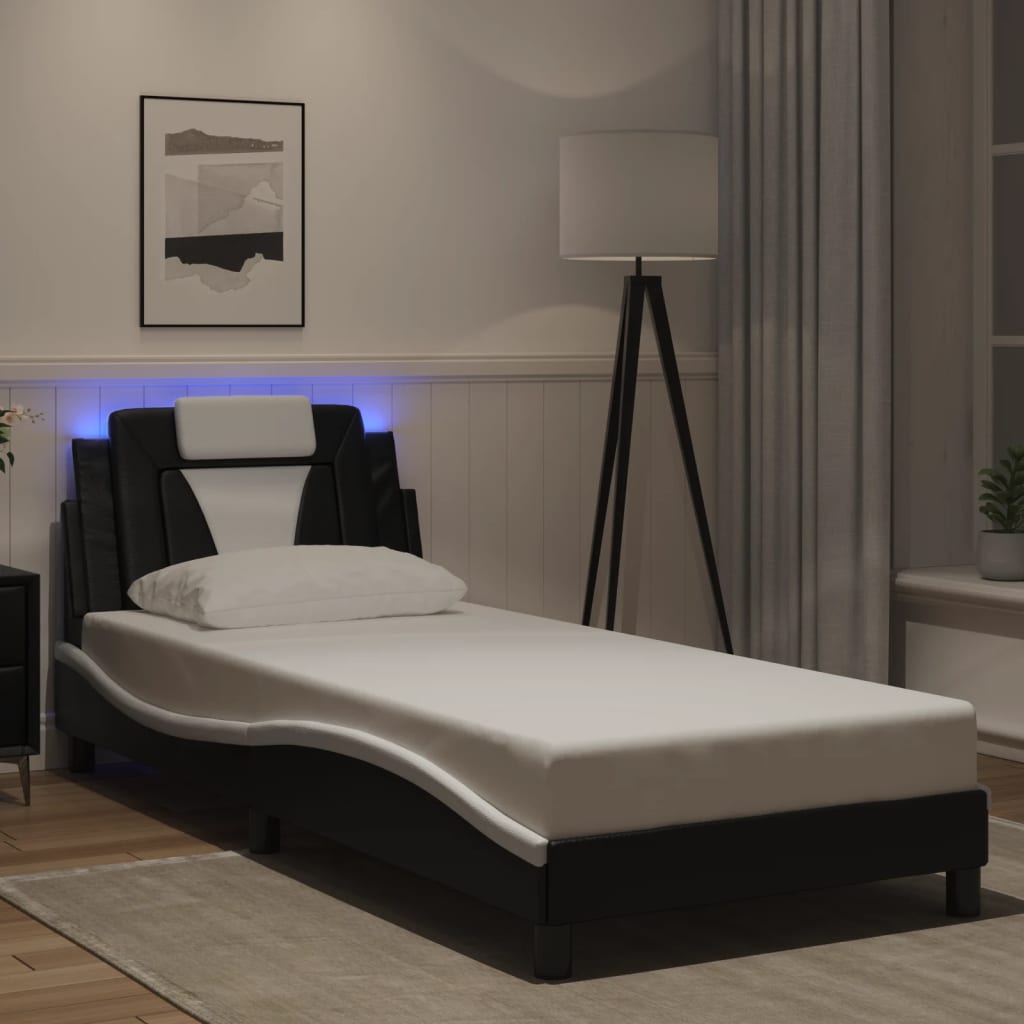 fekete és fehér ágykeret Viana LED-ekkel matrac nélkül 80 x 200 cm