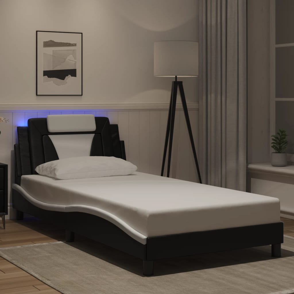 fekete és fehér ágykeret Viana LED-ekkel matrac nélkül 100 x 200 cm