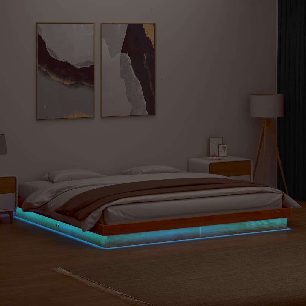 viaszbarna tömör fenyőfa LED-es ágykeret 200 x 200 cm