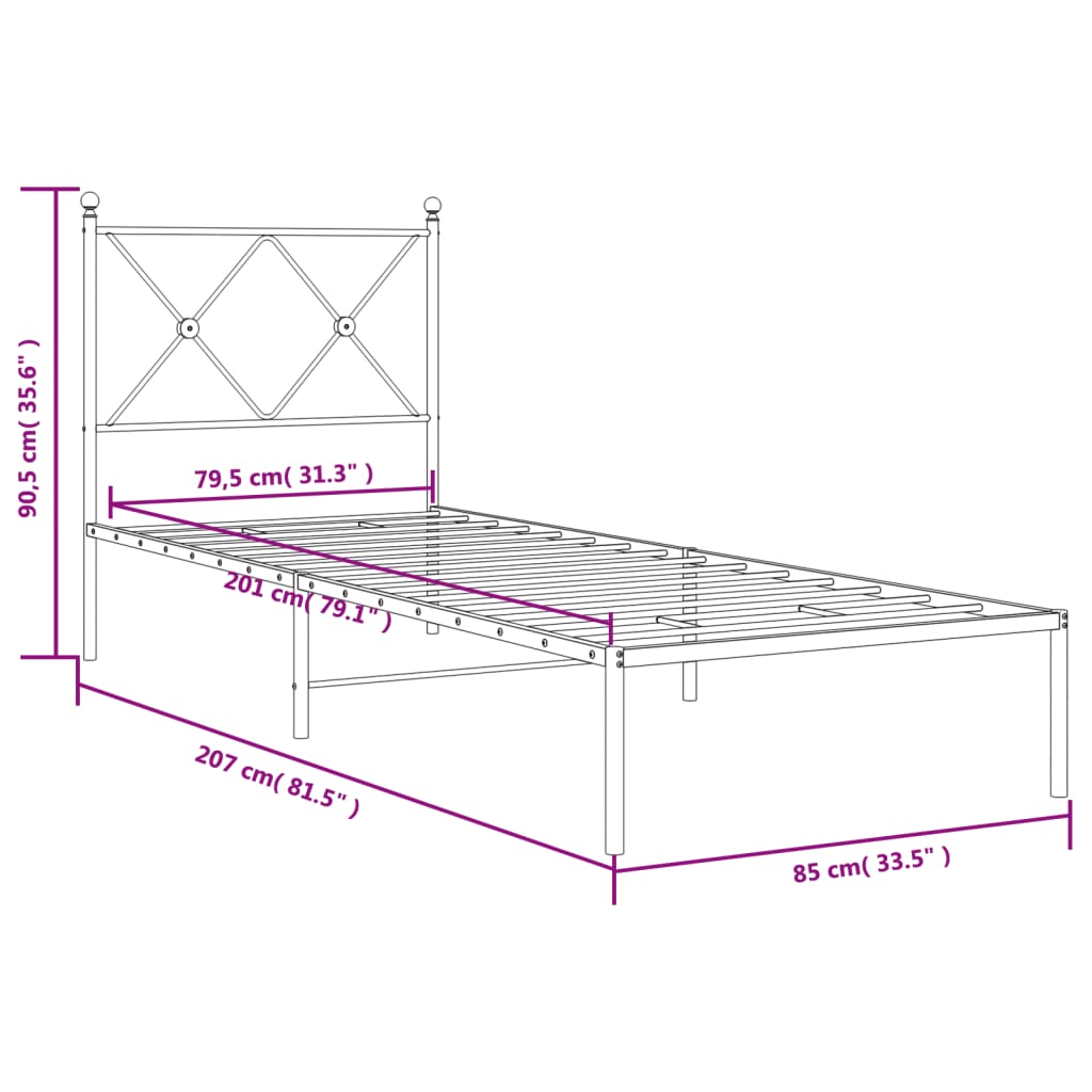 fekete fém ágykeret fejtámlával 80 x 200 cm