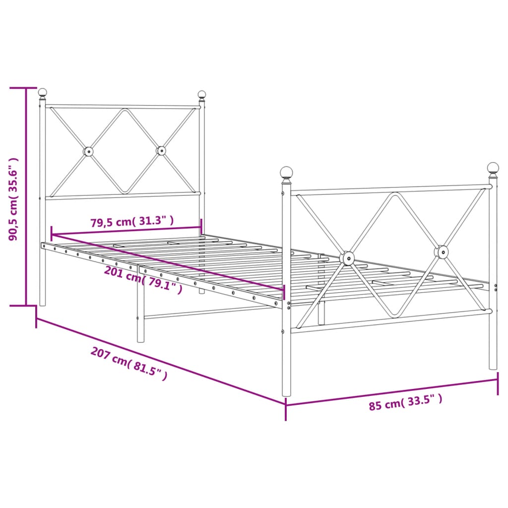 fekete fém ágykeret fej- és lábtámlával 80 x 200 cm