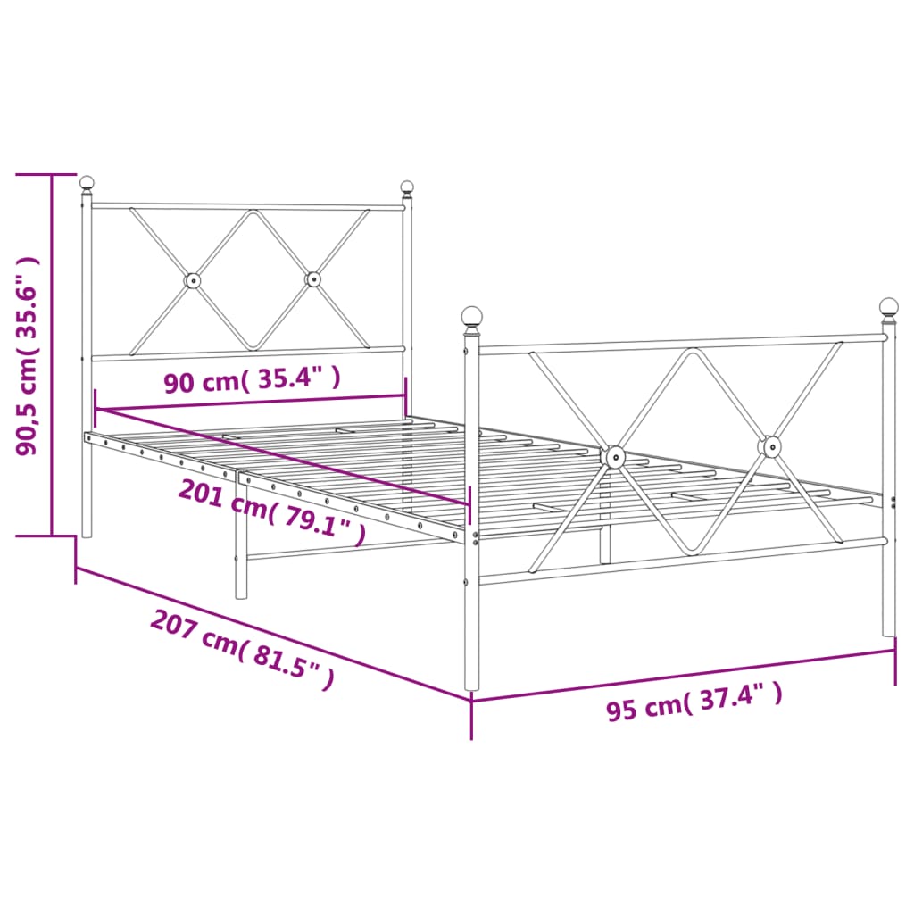 fekete fém ágykeret fej- és lábtámlával 90 x 200 cm