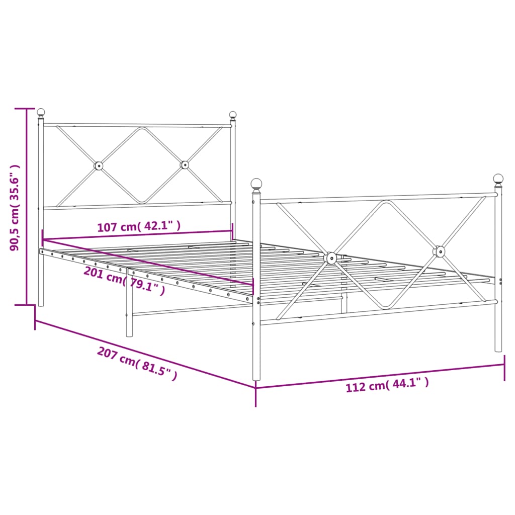 fekete fém ágykeret fej- és lábtámlával 107 x 203 cm
