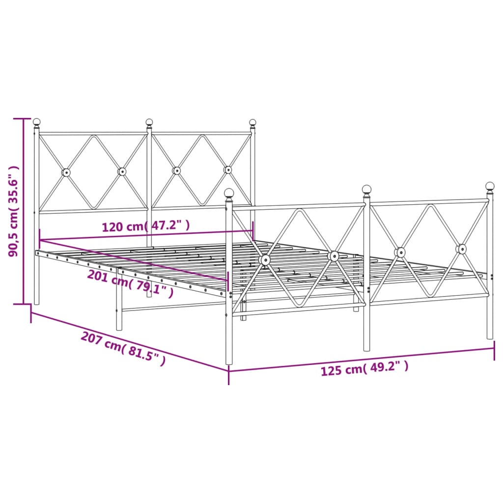 fekete fém ágykeret fej- és lábtámlával 120 x 200 cm