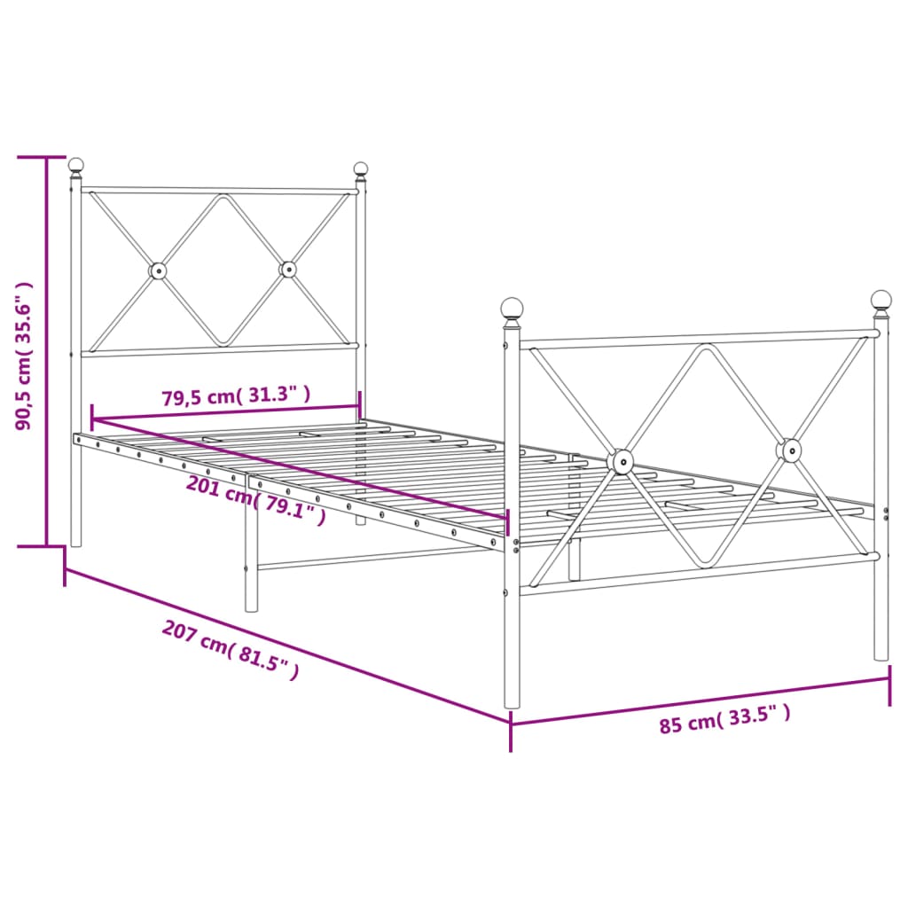 fehér fém ágykeret fej- és lábtámlával 80x200 cm