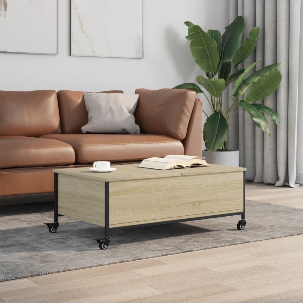 sonoma tölgy szerelt fa dohányzóasztal kerekekkel 91x55x34cm
