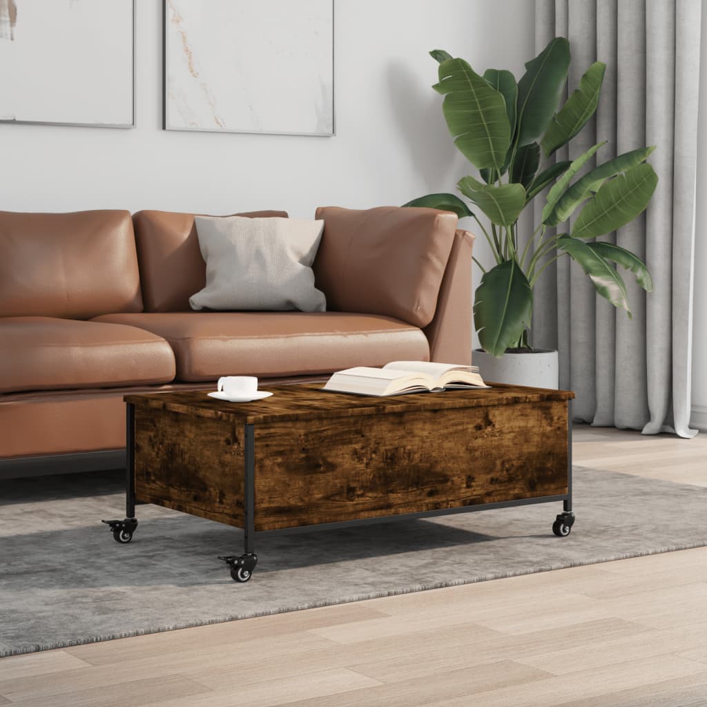 füstös tölgy szerelt fa dohányzóasztal kerekekkel 91x55x34 cm