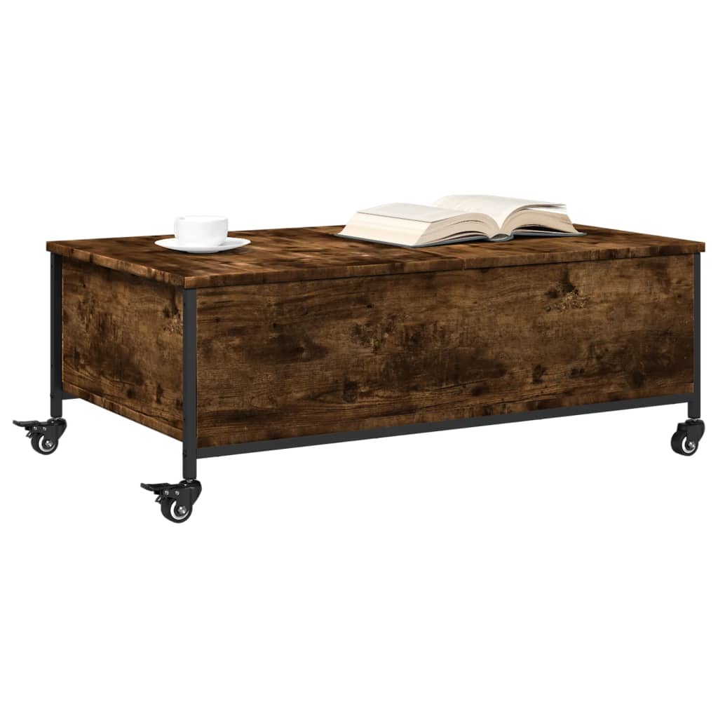 füstös tölgy szerelt fa dohányzóasztal kerekekkel 91x55x34 cm