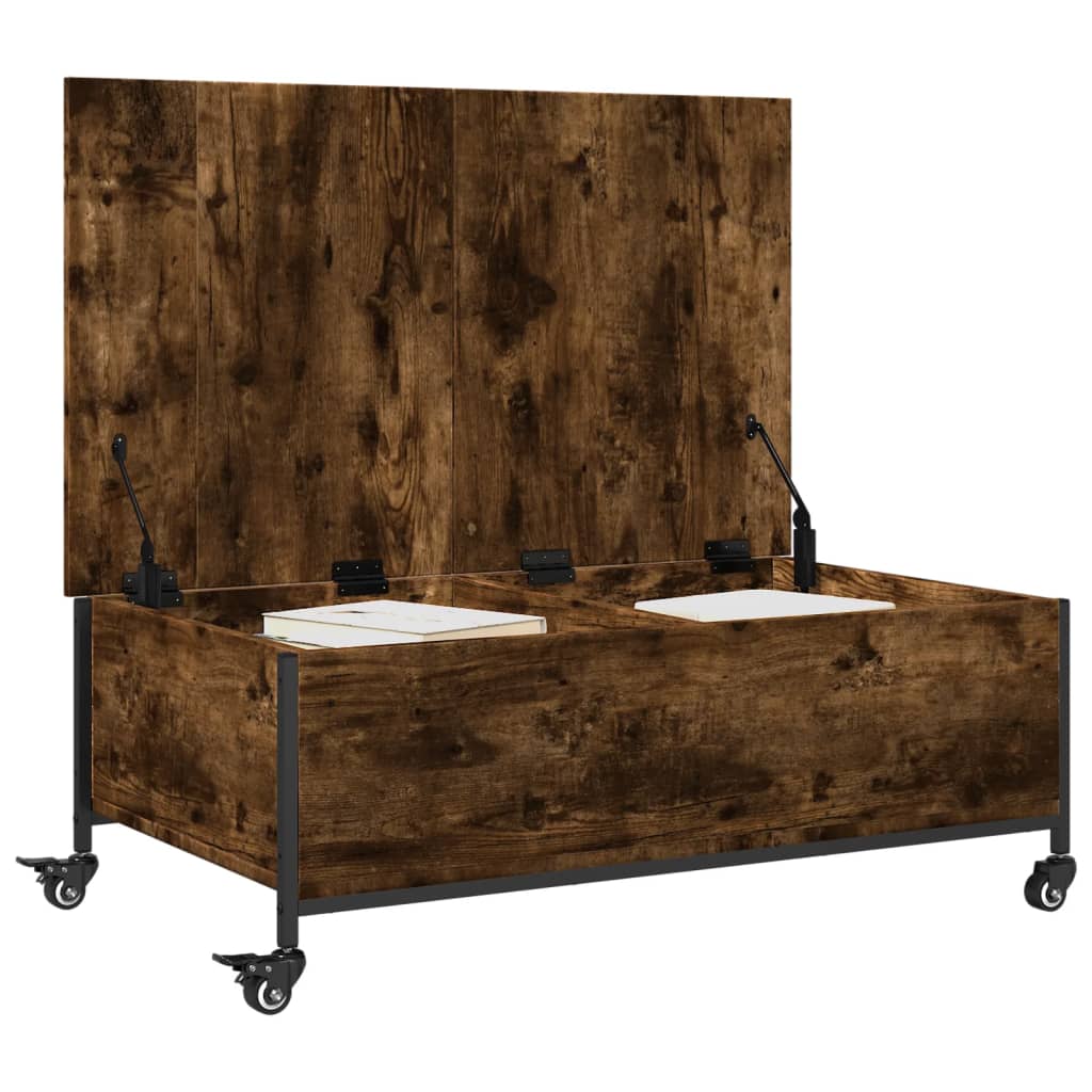 füstös tölgy szerelt fa dohányzóasztal kerekekkel 91x55x34 cm