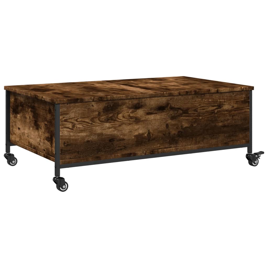 füstös tölgy szerelt fa dohányzóasztal kerekekkel 91x55x34 cm