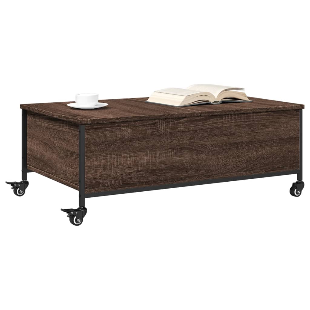 barna tölgy szerelt fa dohányzóasztal kerekekkel 91x55x34 cm