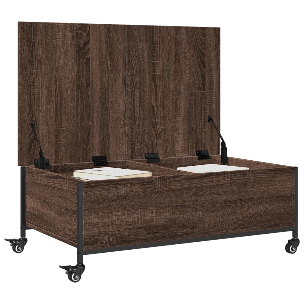 barna tölgy szerelt fa dohányzóasztal kerekekkel 91x55x34 cm