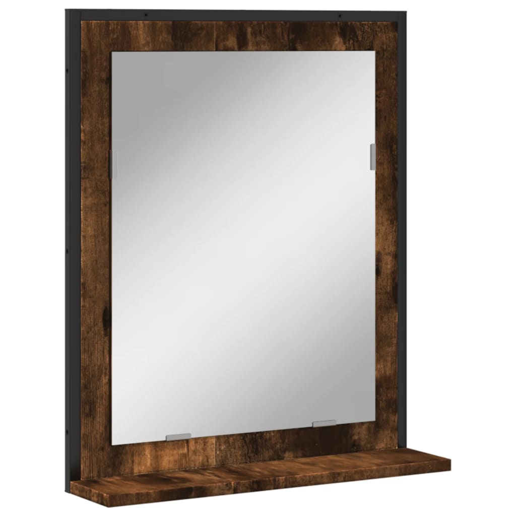 füstölt tölgy szerelt fa fürdőszobai tükör polccal 50x12x60 cm