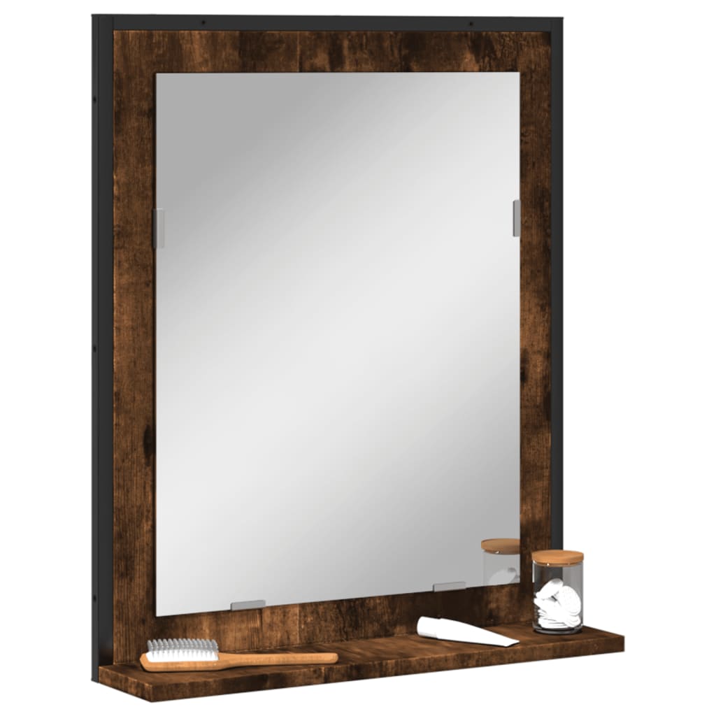 füstölt tölgy szerelt fa fürdőszobai tükör polccal 50x12x60 cm