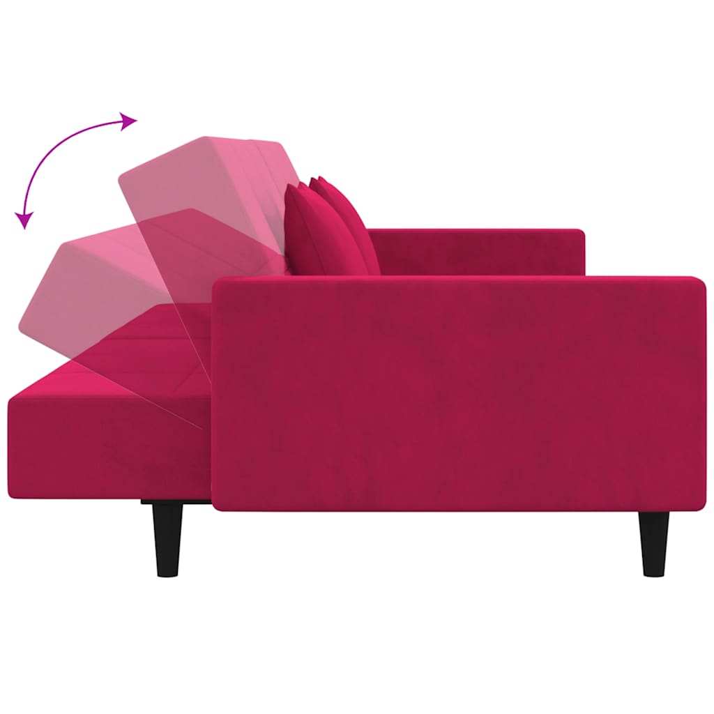 kétszemélyes bordó bársony kanapéágy két párnával