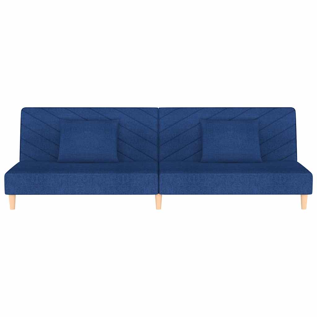 kétszemélyes kék szövet kanapéágy két párnával