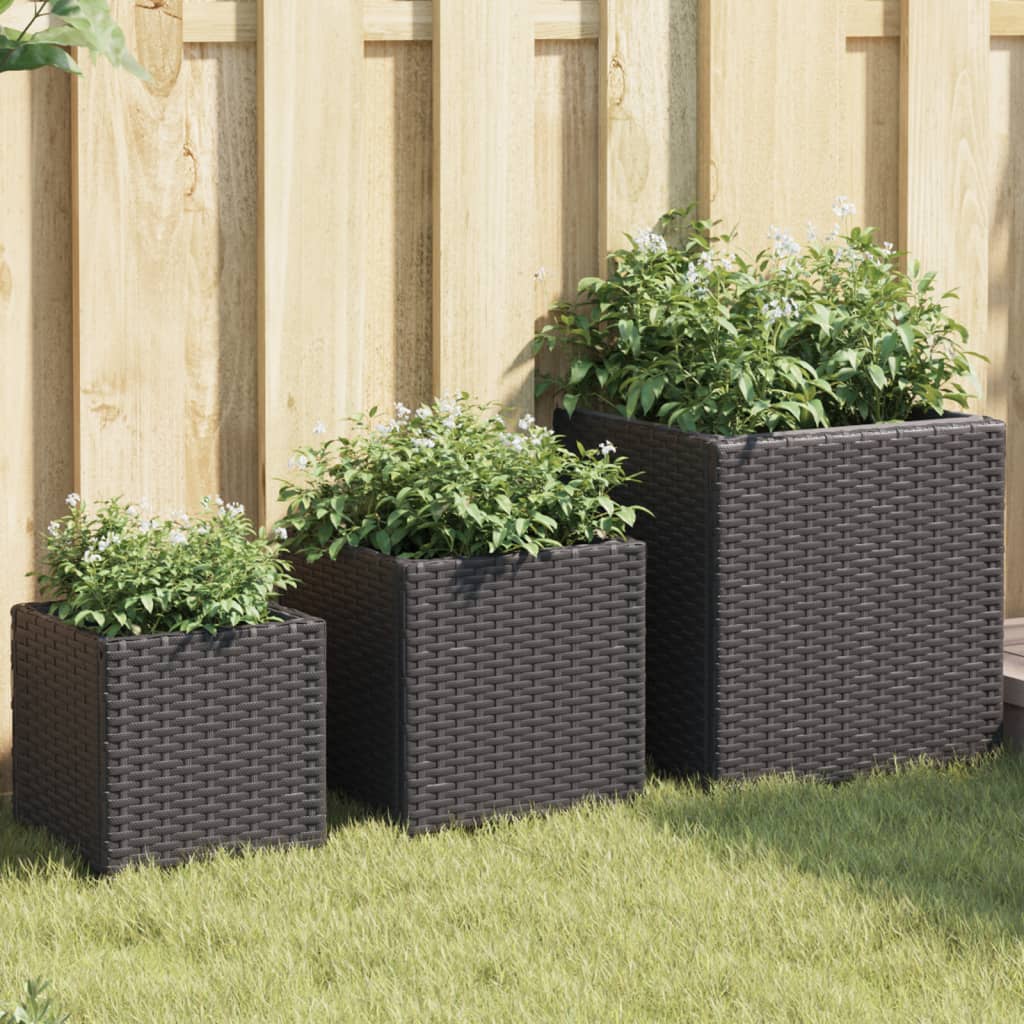 3 db fekete polyrattan kerti ültetőláda