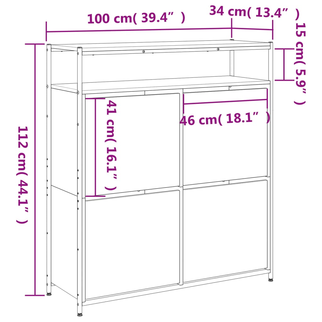 sonoma tölgy cipőszekrény 4 kihajtható fiókkal 100x34x112 cm