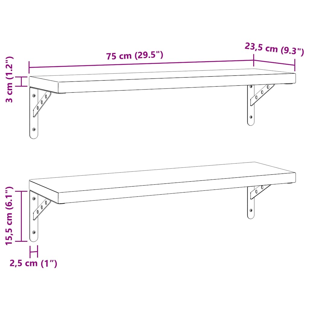 2 db fekete rozsdamentes acél fali polc 75 x 23,5 cm