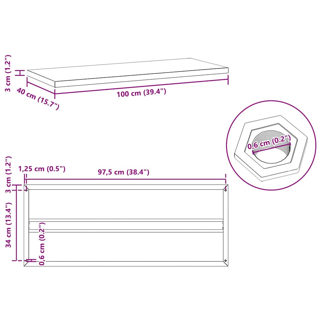 2 db fekete rozsdamentes acél fali polc 100 x 40 cm