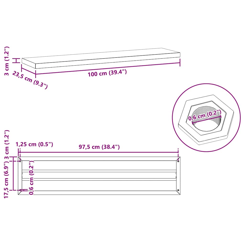 2 db fekete rozsdamentes acél fali polc 100 x 23,5 cm