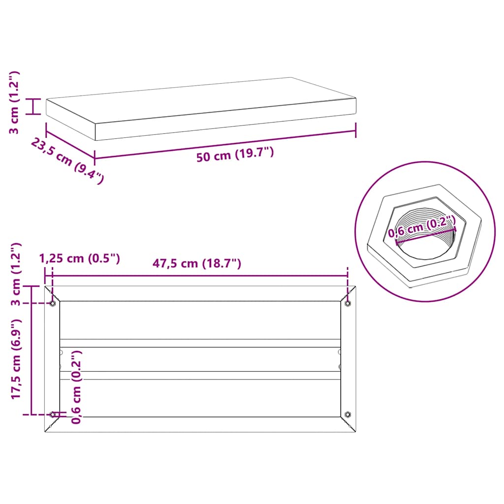 2 db fekete rozsdamentes acél fali polc 50 x 23,5 cm