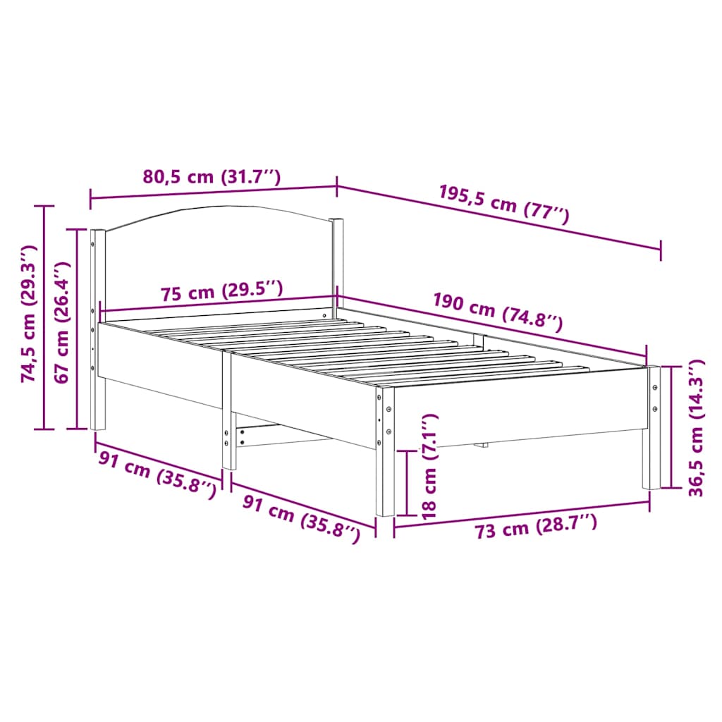 tömör fenyőfa ágy matrac nélkül 75 x 190 cm