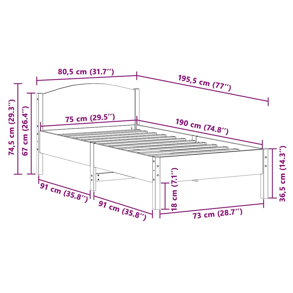 fehér tömör fenyőfa ágy matrac nélkül 75 x 190 cm
