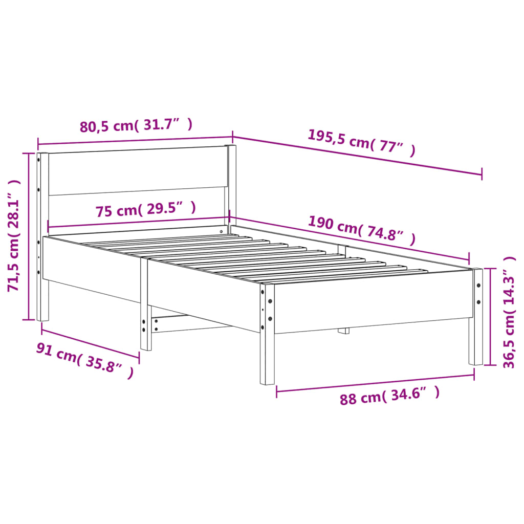 viaszbarna tömör fenyőfa ágy matrac nélkül 75 x 190 cm