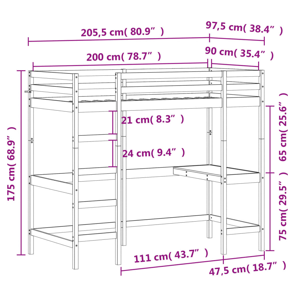viaszbarna tömör fenyőfa galériaágy íróasztallal 90 x 200 cm