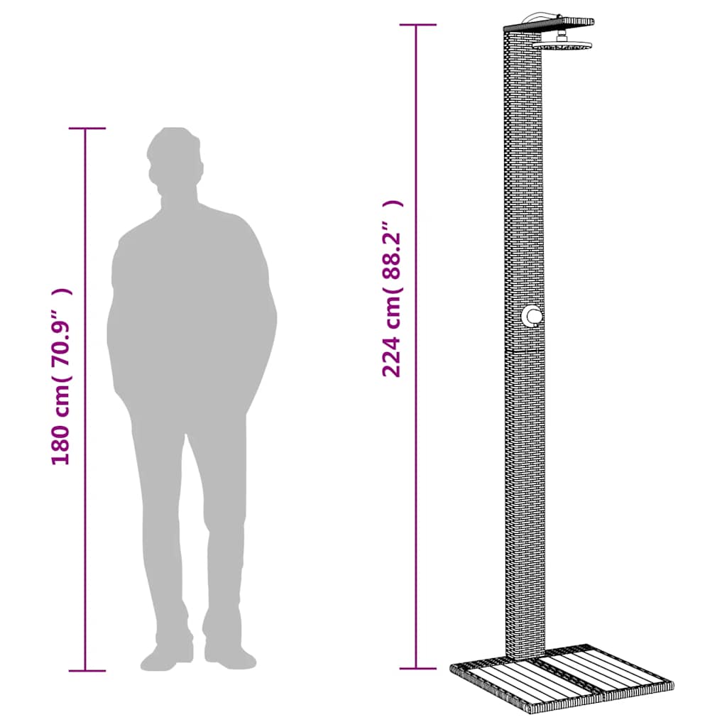 fekete polyrattan és akácfa kültéri zuhanyzó 50 x 55 x 224 cm