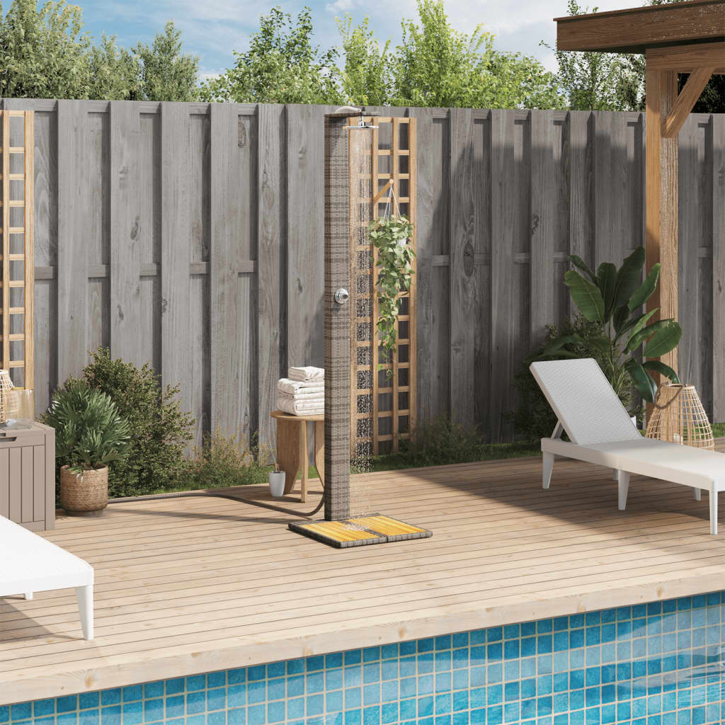 szürke polyrattan és akácfa kültéri zuhanyzó 50 x 55 x 224 cm