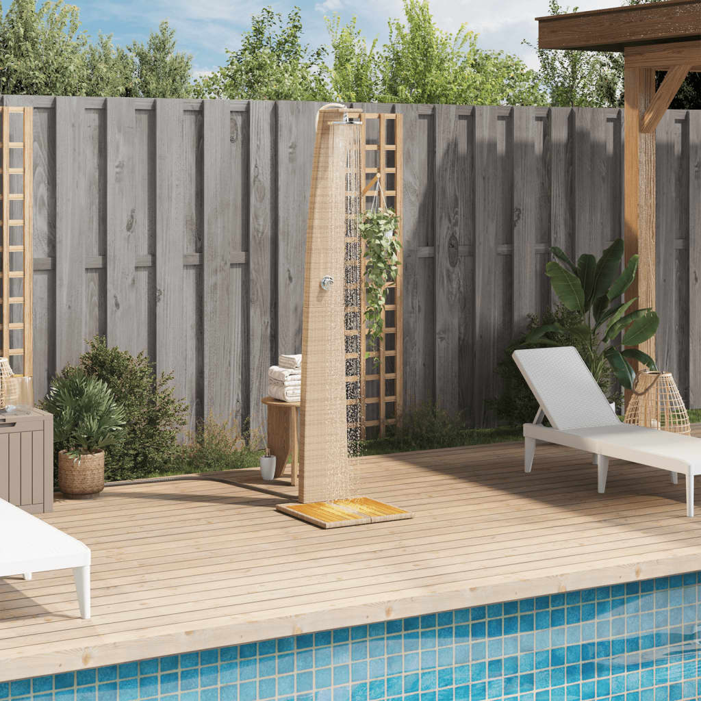 bézs polyrattan és akácfa kültéri zuhanyzó 55 x 60 x 224 cm