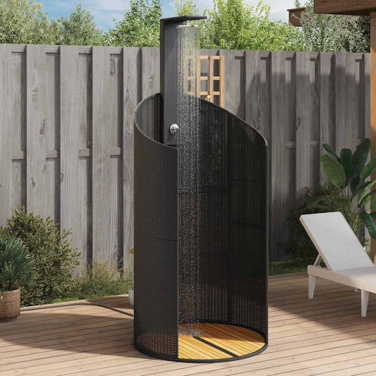 fekete polyrattan és akácfa kültéri zuhanyzó 100x100x241,5 cm