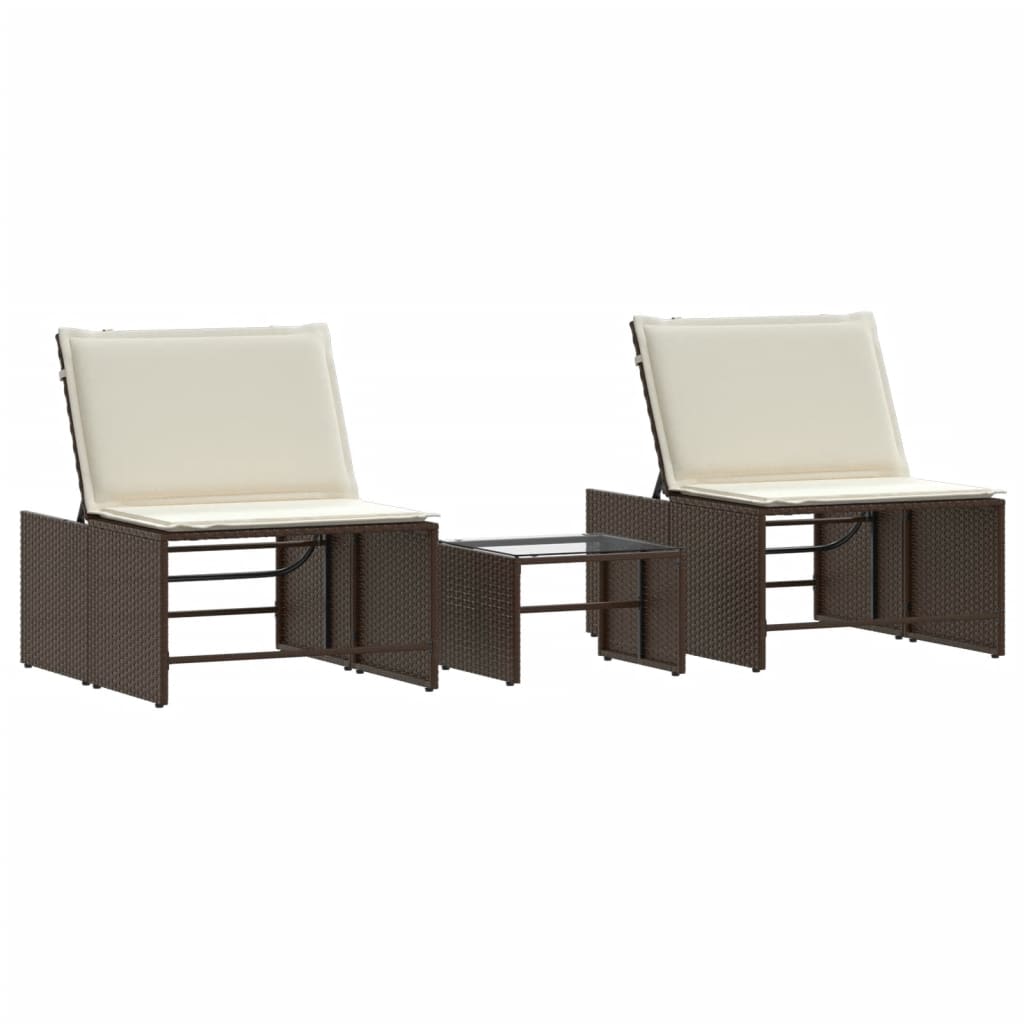2 db barna polyrattan napozóágy asztallal