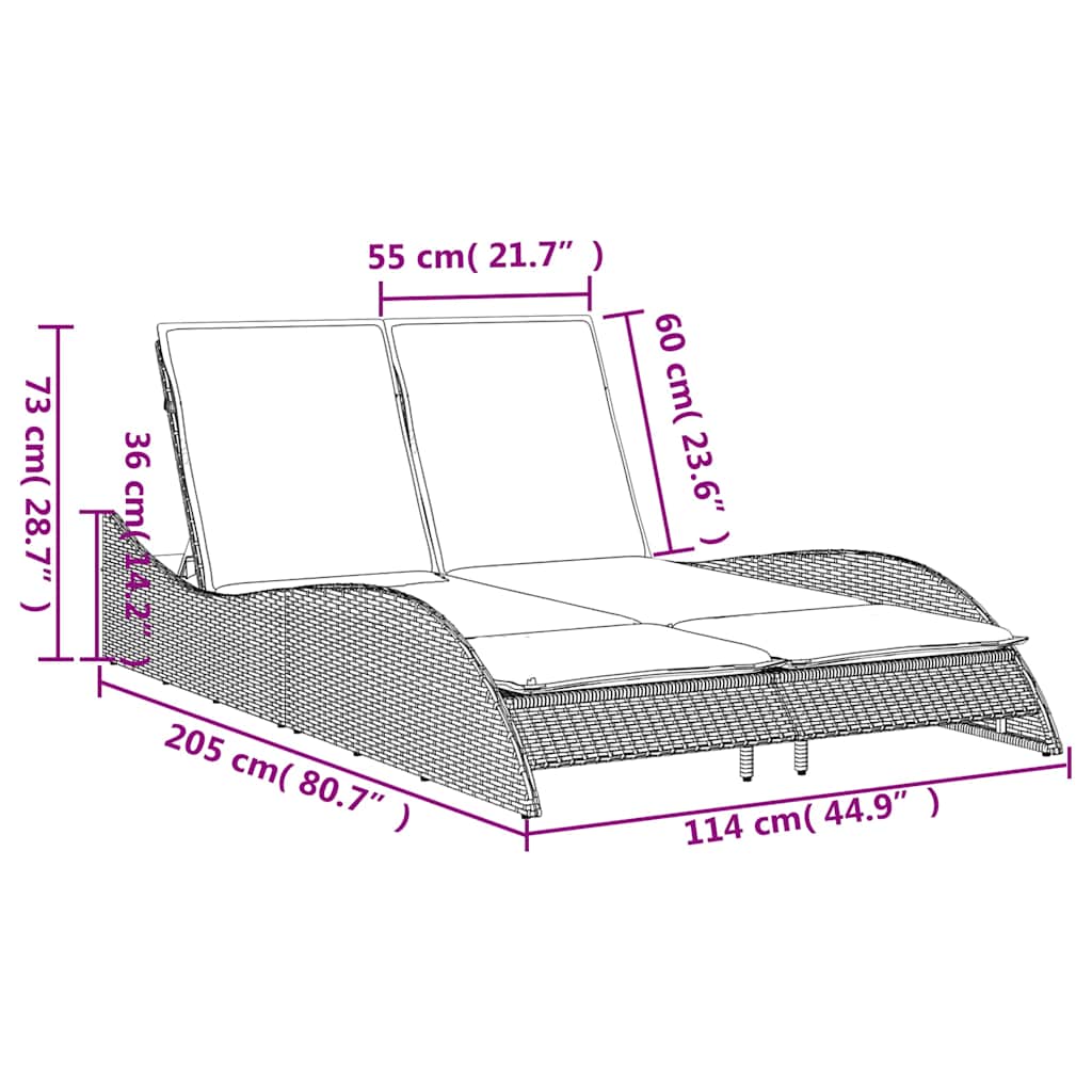 fekete polyrattan napozóágy párnákkal 114 x 205 x 73 cm