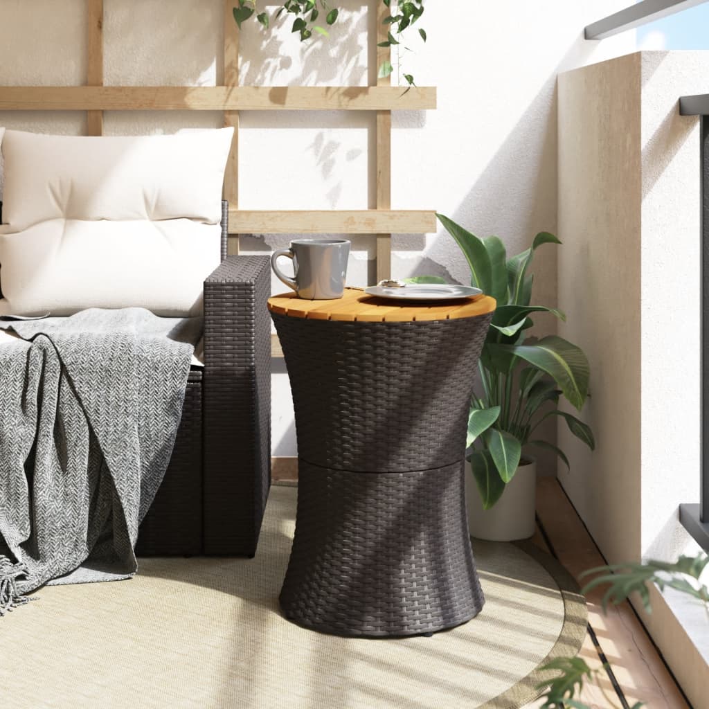 fekete polyrattan és tömör fa kerti dob alakú kisasztal