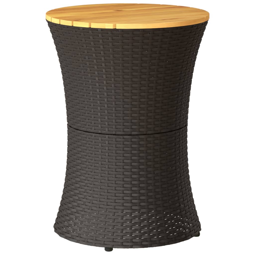 fekete polyrattan és tömör fa kerti dob alakú kisasztal